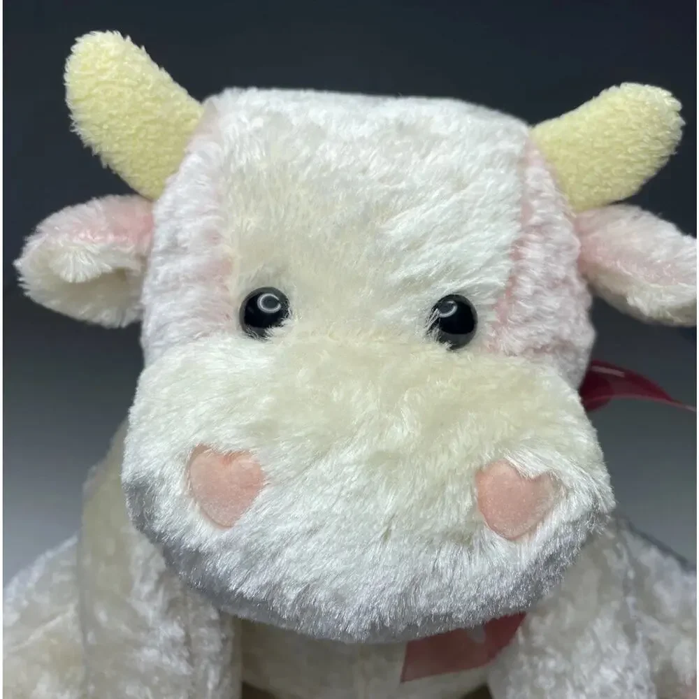 Vintage Walmart Pink Cow Plush 9” White Cream Valentines Heart Bow Pastel Floppy